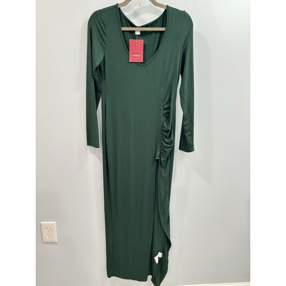 NEW Verdusa Green Long Sleeve Maxi Going Out Dress Ruched Side Slit Bodycon L